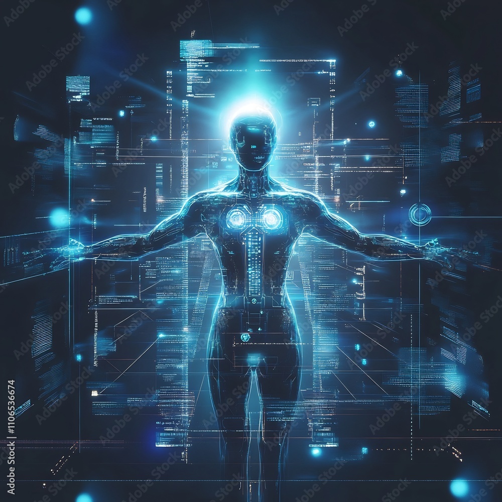 Poster sleek and futuristic design featuring a humanoid figure interacting with holographic data streams an