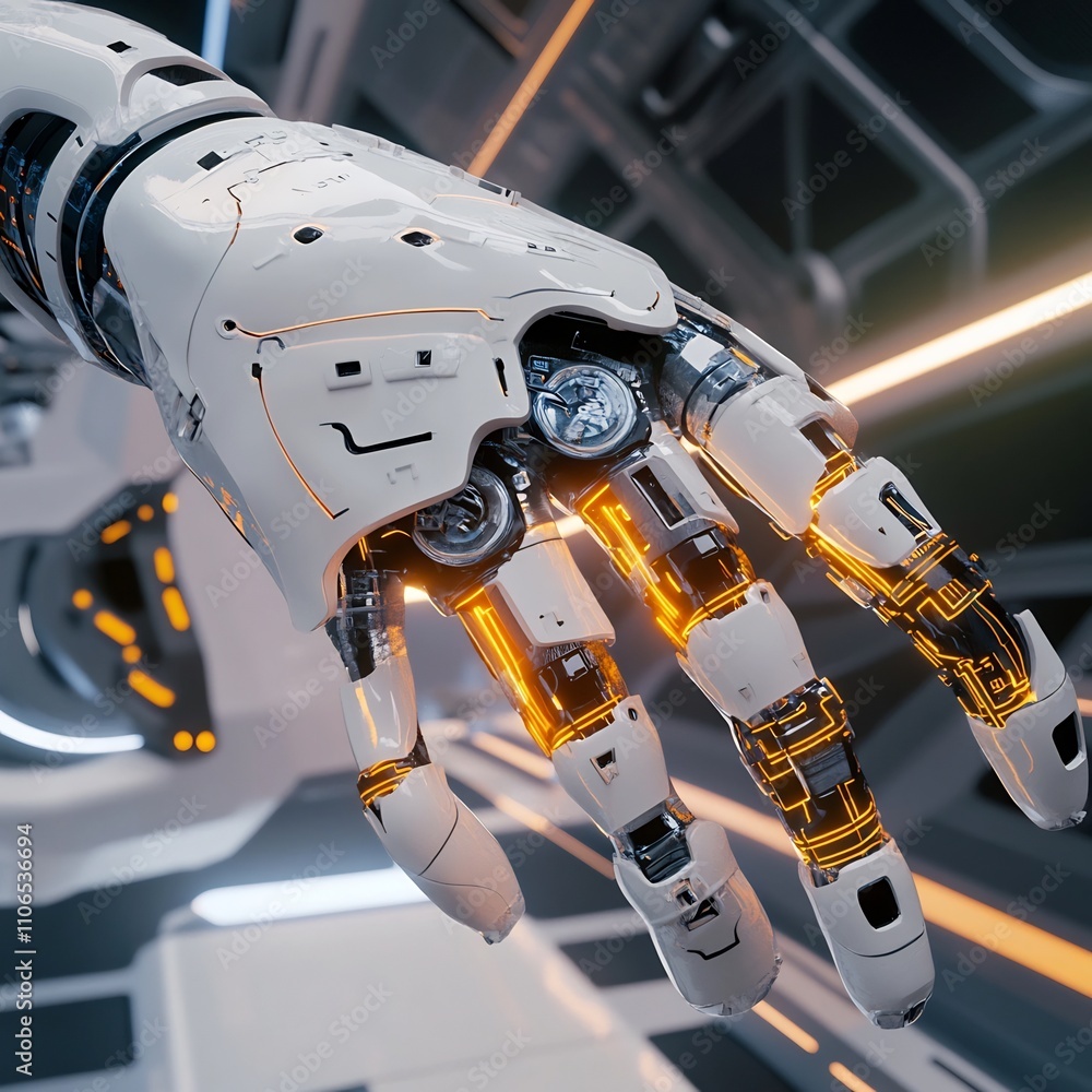 Poster sleek and advanced robotic arm featuring composite materials glowing circuits and seamless movements