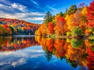 Fototapeta premium A Serene Lake Embraced by a Vibrant Autumn Forest, Capturing the Beauty of Nature's Changing Seasons with Fiery Foliage Reflected on the Water's Surface