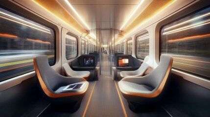 Modern electric transport showcases a spacious interior with advanced seating and ambient lighting. The environment evokes a sense of comfort and innovation, promising a smooth travel experience.