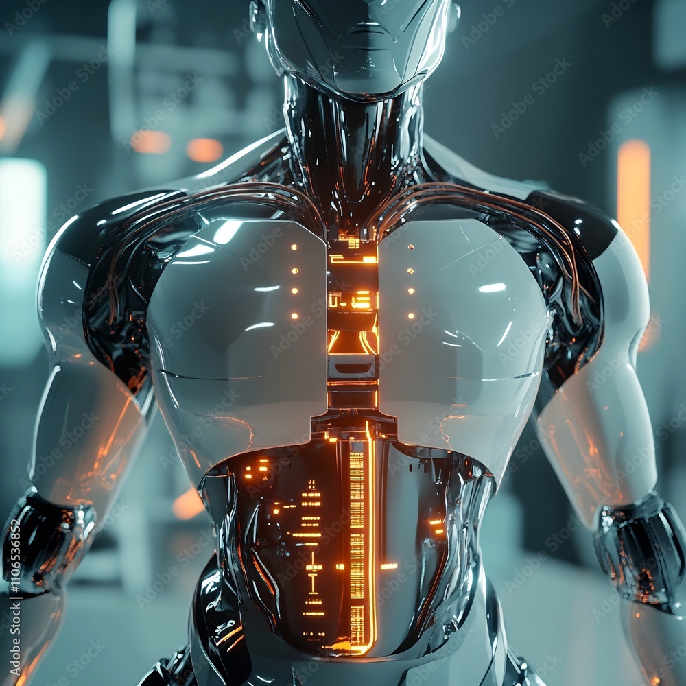 Poster sleek and technologically advanced robotic torso showcasing innovative nanomaterial composition and 