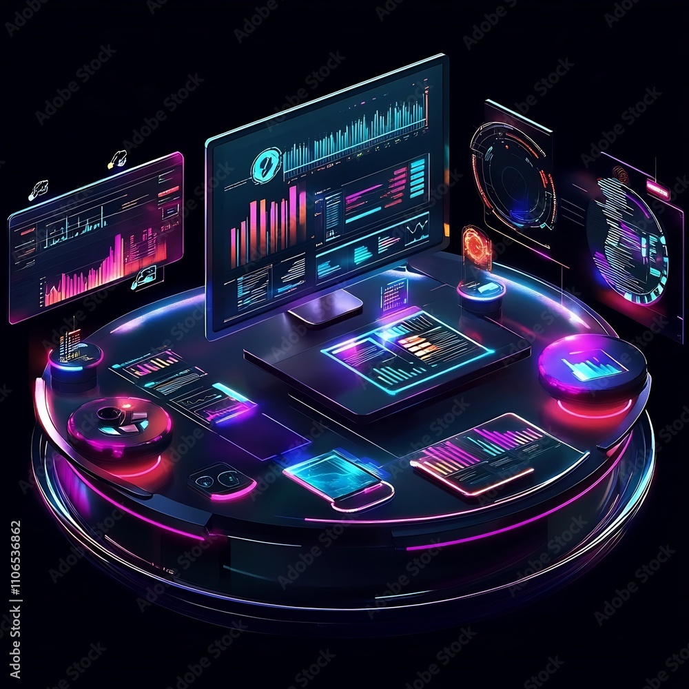 Aufkleber sleek digital marketing hub with glowing analytics interfaces and tools surrounding central workstat