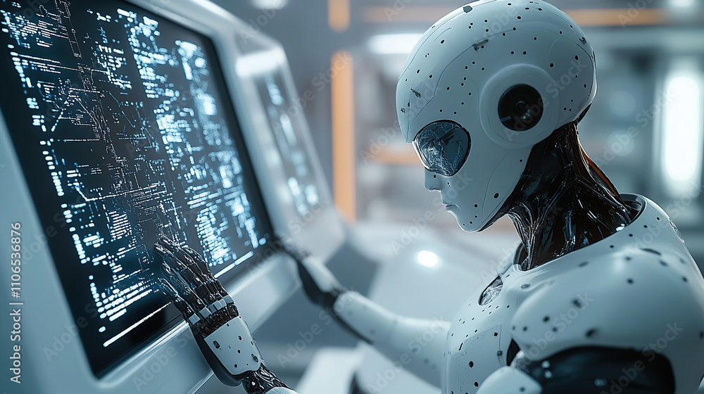 Aufkleber a humanoid robot is working on a computer, in a futuristic style with a white color tone
