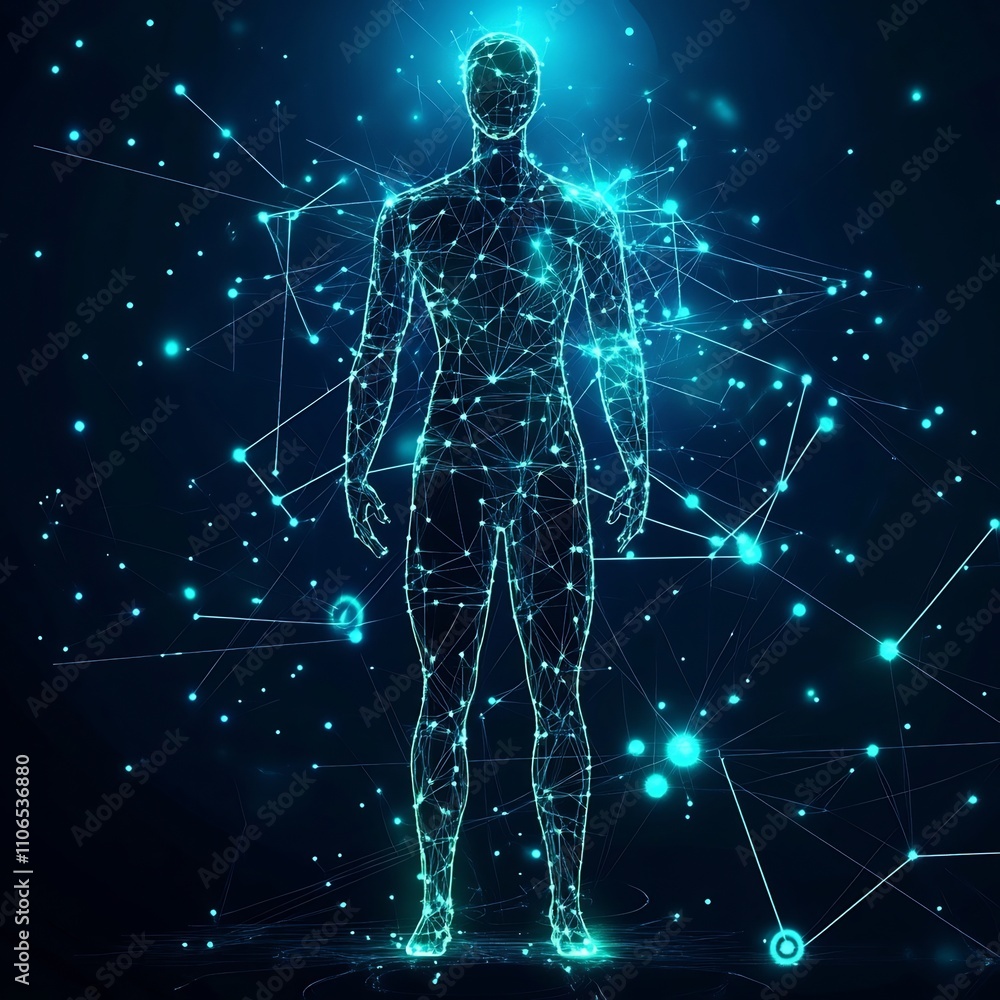Poster sleek futuristic design featuring a humanoid figure seamlessly interacting with holographic data str