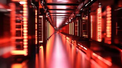 Futuristic Data Center Corridor with Illuminated Red Lights Showcasing Advanced Technology and Digital Infrastructure in a High-Tech Environment