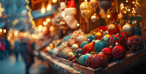 Naklejka premium Vibrant Christmas Market Display With Festive Ornaments and Lights