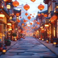 Serene Lantern-Lit Street in Traditional Town