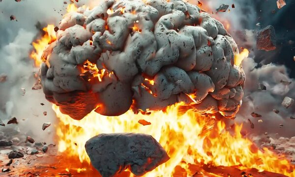 A human brain exploding with flames and debris.