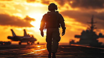 A silhouette of an air force pilot on the deck of an aircraft carrier, in the golden hour light, photorealistic, cinematic