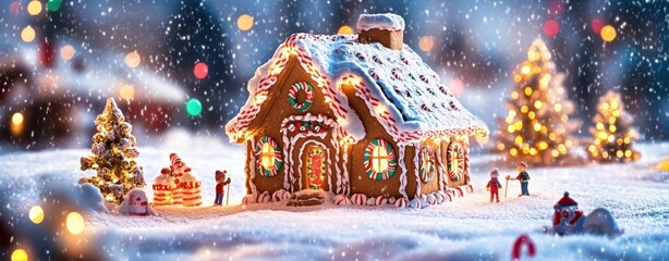 Gingerbread House in Winter Scene	