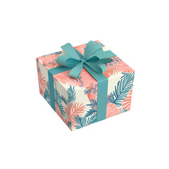 Gift Box with Tropical Leaf Design and Teal Ribbon