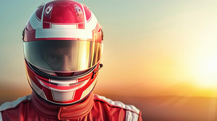 A skilled driver dons a sleek helmet, poised and ready, as the excitement builds for an...