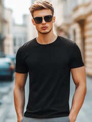 Fototapeta premium Man in Black T-Shirt with Sunglasses 
