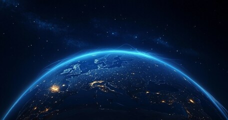 Fototapeta premium Earth Night Global Connection Technology Network Digital Communication 3D Background