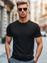 Man in Black T-Shirt with Sunglasses	