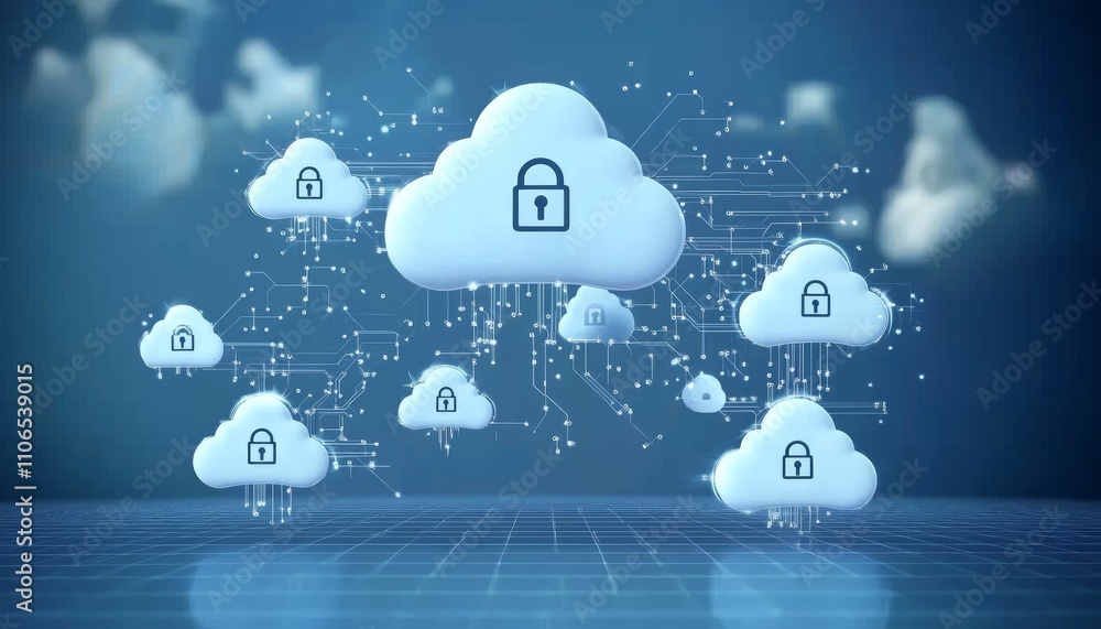 Poster cloud computing security locks concept with digital illustration and abstract connections