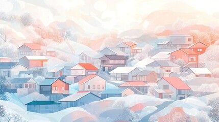 Pastel-colored village nestled in snow-covered hills, winter scene.