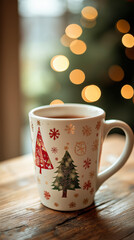 Fototapeta premium Christmas mug, hot chocolate, winter drink, warm latte, cup of coffee with chocolate
