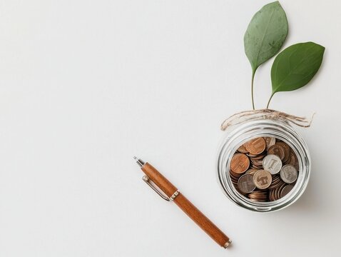 Investment insights a pen resting beside a portfolio report with coins in a jar home office financial documentation minimalist environment close-up view wealth management concept