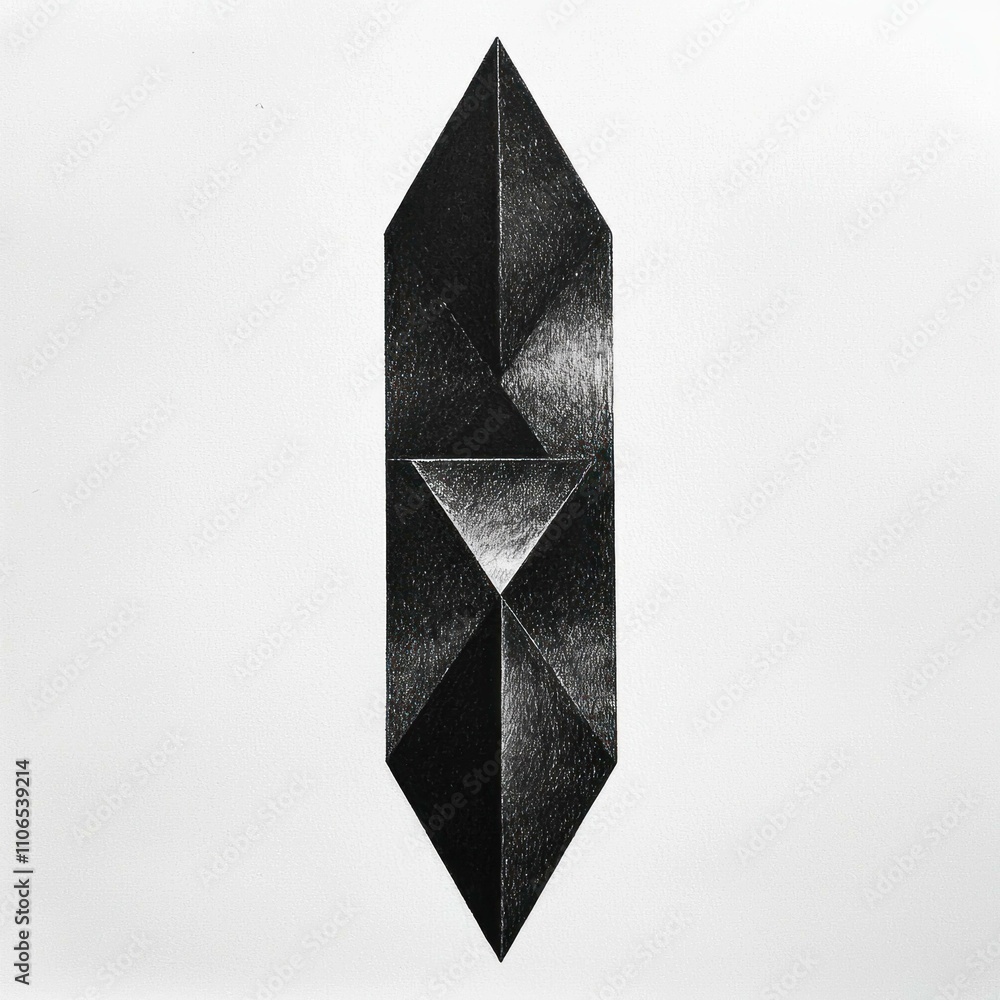 Poster abstract black and white geometric shape resembling a diamond, with sharp angles and triangular face