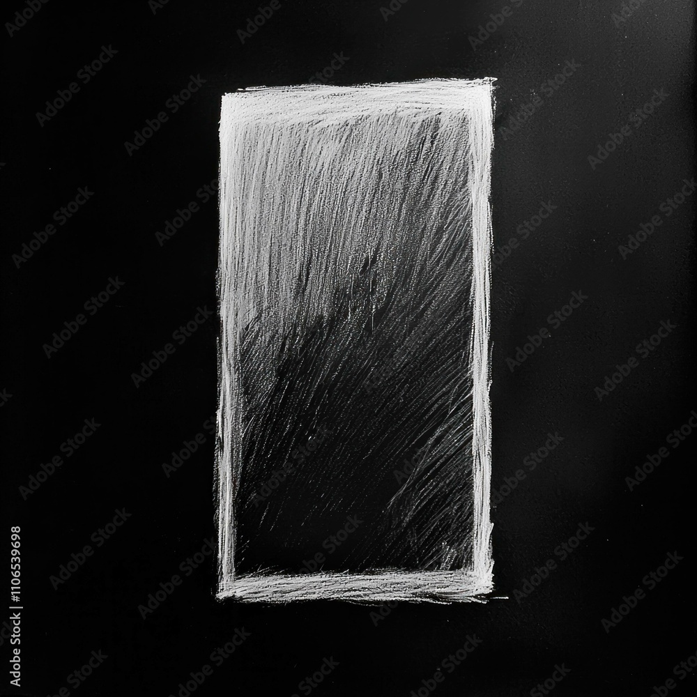 Poster abstract monochrome drawing with a white rectangular frame on a black background, showcasing textura
