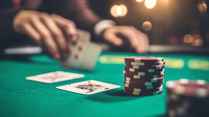 A player lays down an ace of hearts in a casino game.