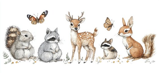 Watercolor Deer Squirrel Raccoon Rabbit Butterfly Bee Bird Illustration Whimsical Forest Animals