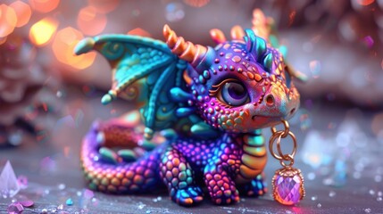 Fototapeta premium A colorful dragon figurine with vibrant scales and a jewel, set in a magical environment.