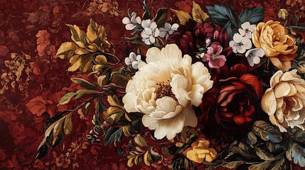 Rich autumnal floral bouquet with roses, peonies, and other blooms against a textured background.