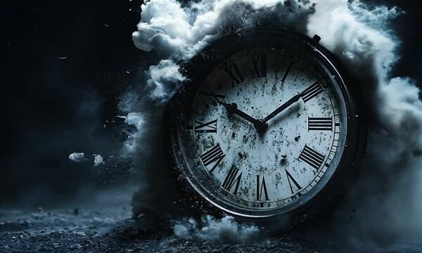 A vintage clock submerged in a cloud of dust and smoke.