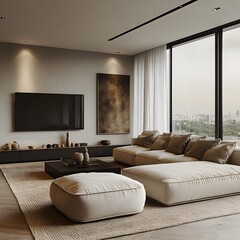  Minimalist home interior design of spacious modern living room with a sectional sofa and large windows. 