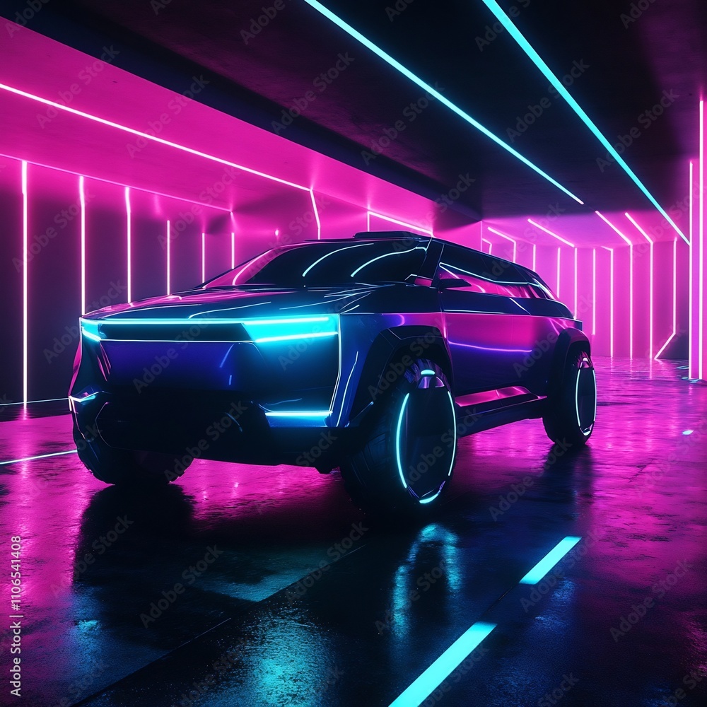 Poster image of a bold futuristic electric suv with advanced autonomous driving technology seamlessly navig
