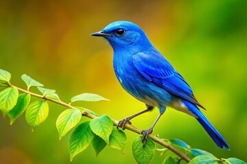 A Striking Blue Bird Perched on a Leafy Branch with a Lively Green-Yellow Background, Perfect for Fashion Photography and Nature-Inspired Themes