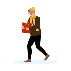 Person happily carrying a gift on a chilly day in a casual winter outfit