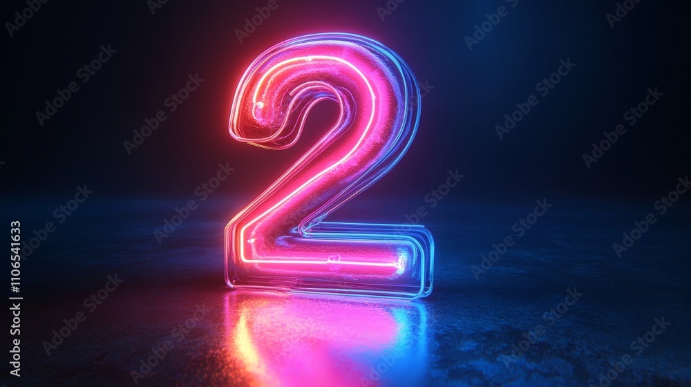 Aufkleber 3d neon number two in vibrant pink and blue with glossy reflective surface and spotlight effect
