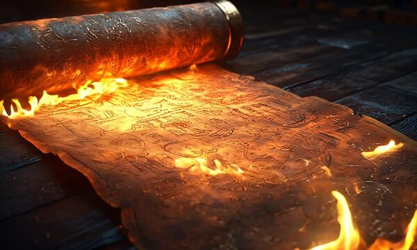 Ancient scroll with gold accents, partially unfurled on dark wood, illuminated with a glowing fire.