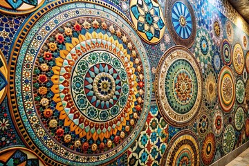 A Stunning Circular Mosaic Tile Wall with Intricate Patterns and Vibrant Colors, Perfect for Interior Design Inspiration and Home Decor Ideas