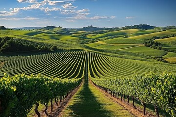 Naklejka premium Lush Vineyard Landscape with Rows of Grapevines Under Blue Sky
