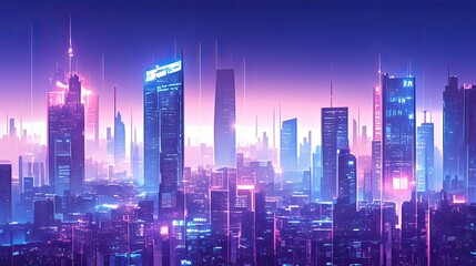 Fototapeta premium Futuristic City Skyline Neon Lights Glowing Towers