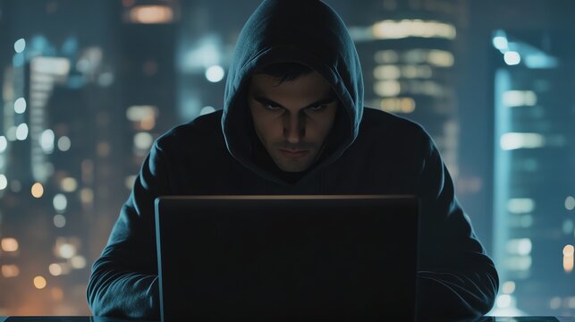 A man wearing a hooded sweatshirt looks intently at his laptop, illuminated by a blue light in a dark room.