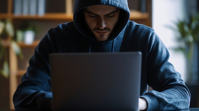 A man in a hoodie works on a laptop in a dimly lit room.