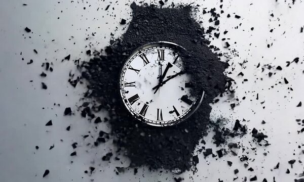 Clock Face Exploding into Pieces with Black Dust Particles.
