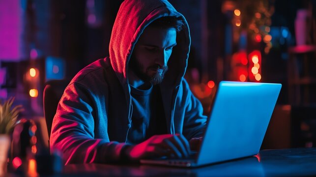 A man in a hoodie is focused on his work at a laptop in a dimly lit room.