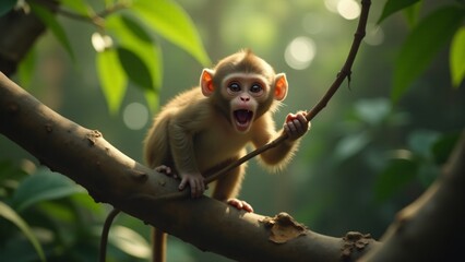 Obraz premium A fun and dynamic image of a monkey playing with a branch, demonstrating its playful spirit in the wild.