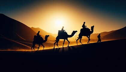 A silhouette of travelers on camels in the desert, silhouette, action photography, aesthetics,
