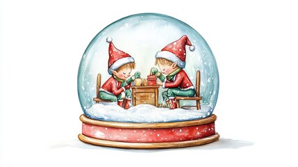 Two Christmas Elves Sharing Gifts Inside Snow Globe
