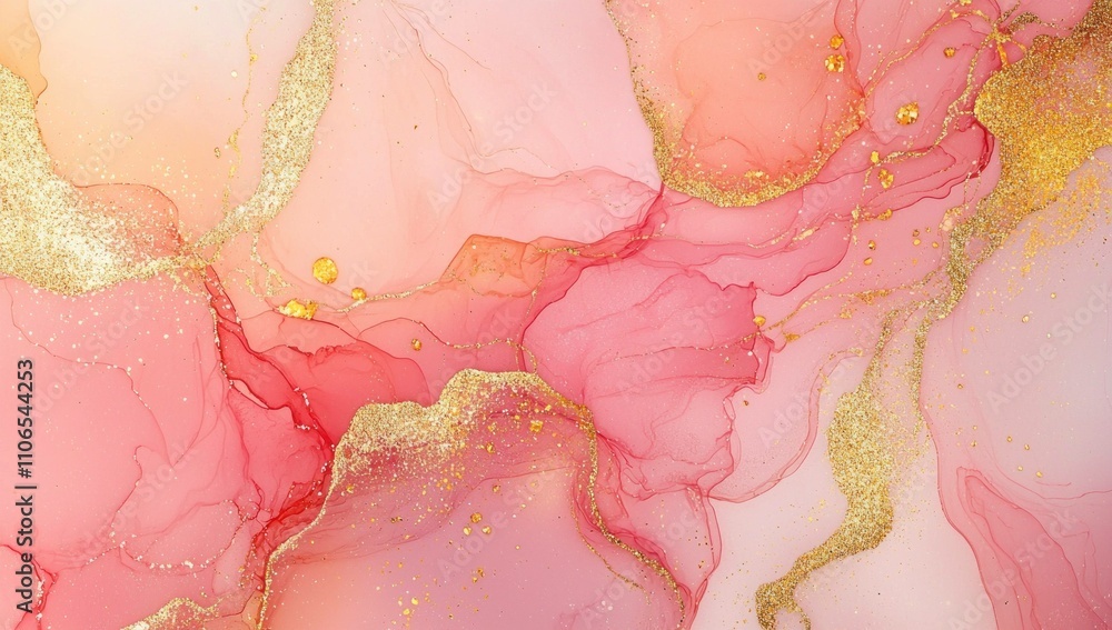 Poster abstract fluid art with soft pink and gold tones, featuring flowing shapes and delicate textures. pe