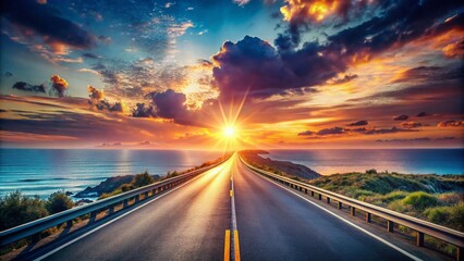 Obraz premium A Stunning Highway Leading to a Breathtaking Sunset Over the Ocean, Captured with Beautiful Bokeh Effect for a Dreamy Landscape Experience