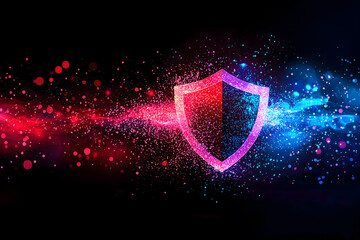 Concept of fraud warning. Abstract digital illustration of a glowing shield surrounded by colorful particles, symbolizing protection and security.