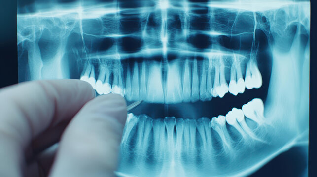 Dentist reviews xray with patient, highlighting areas needing care, creating a calm and informative atmosphere.